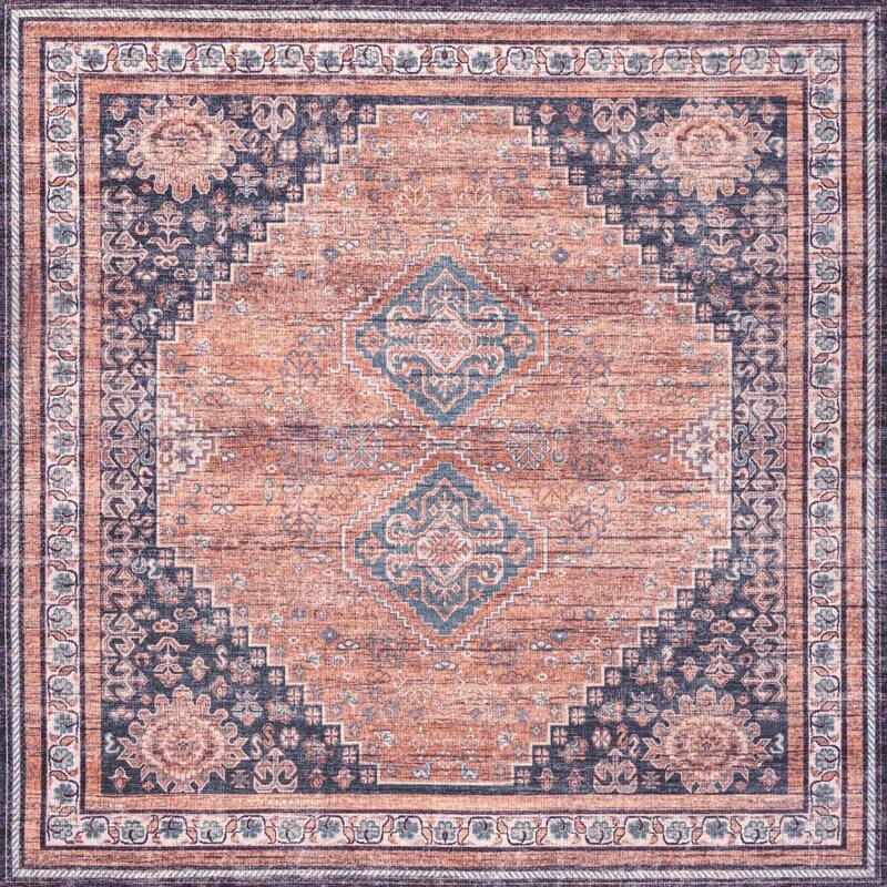 JONATHAN Y Didim Geometric Medallions Machine Washable Area Rug - 8' Square - Terra/Navy