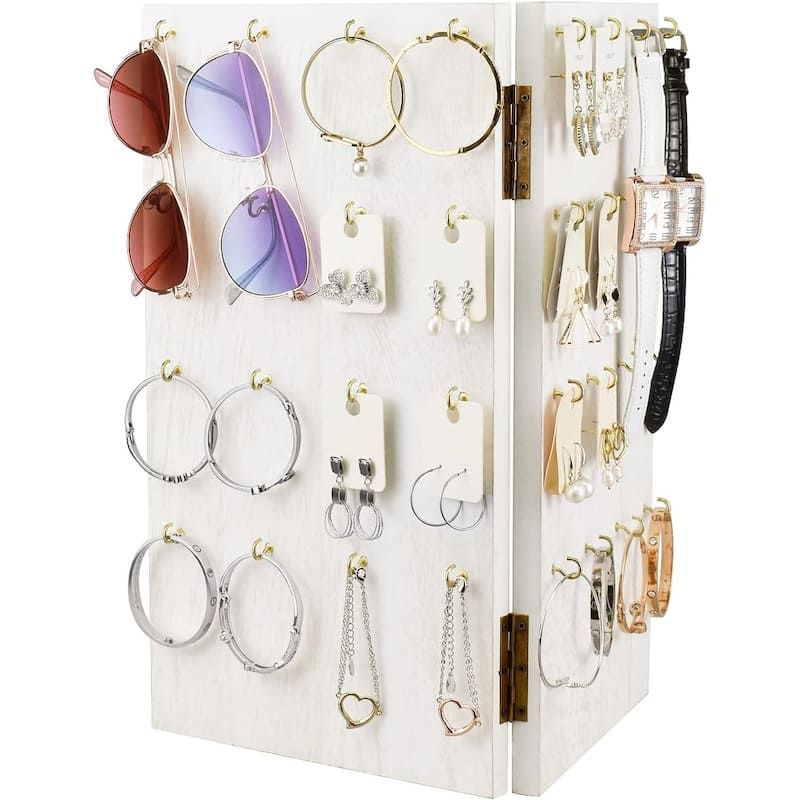 Wooden Foldable Panel Jewelry Display Stand with 32 Hooks - S - White