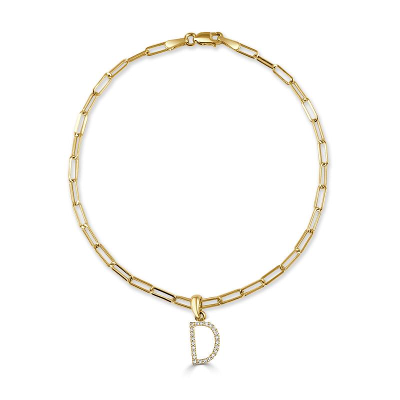 Joelle Collection Diamond Initial Letter A-Z Bracelet Paperclip 14K Gold 7" Chain 1/10 TDW Bracelet - D - Yellow