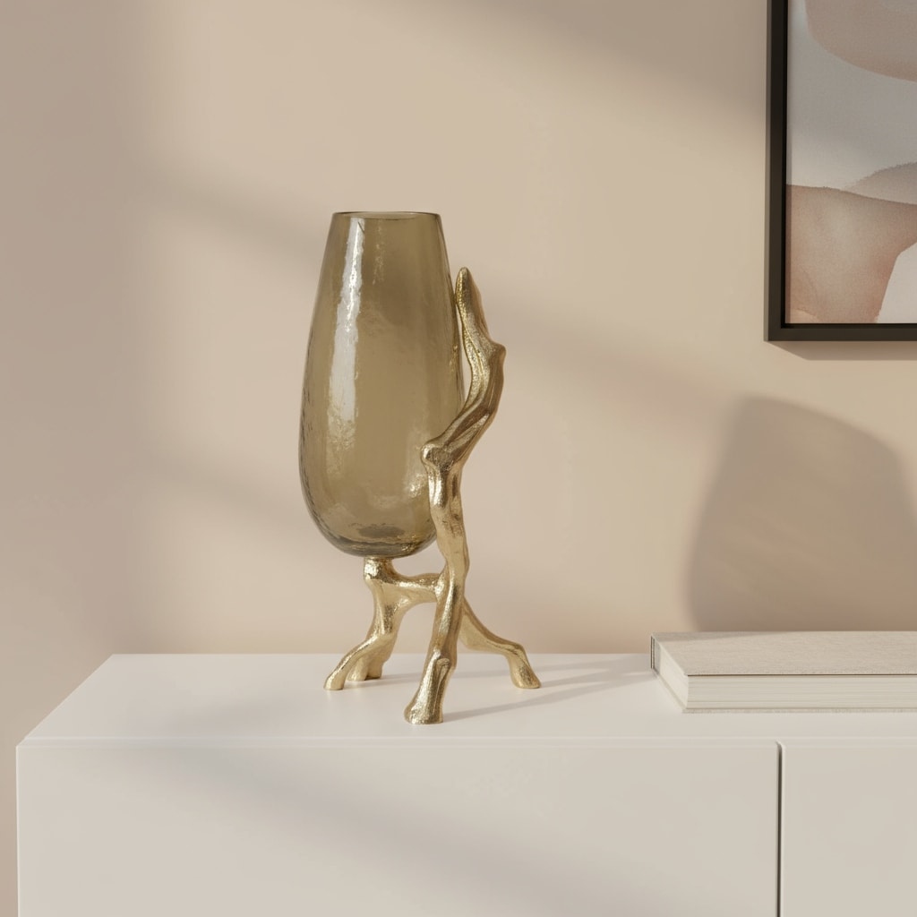 18" Champagne Glass And Metal Table Vase - 5.90