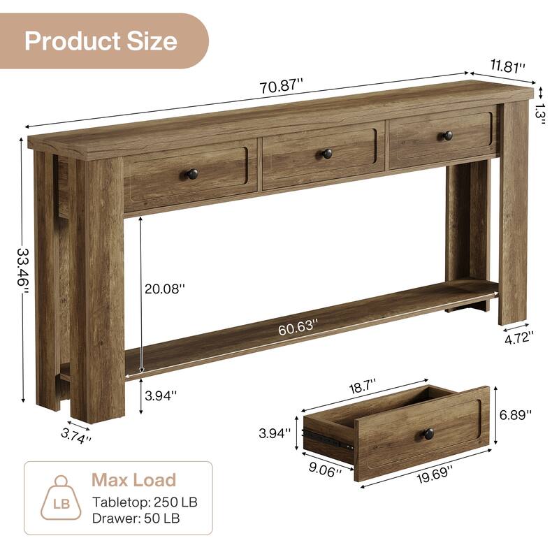70.9 Inch Extra Long Console Table with 3 Drawers for Entryway, Farmhouse Wood Sofa Table Behind the Couch