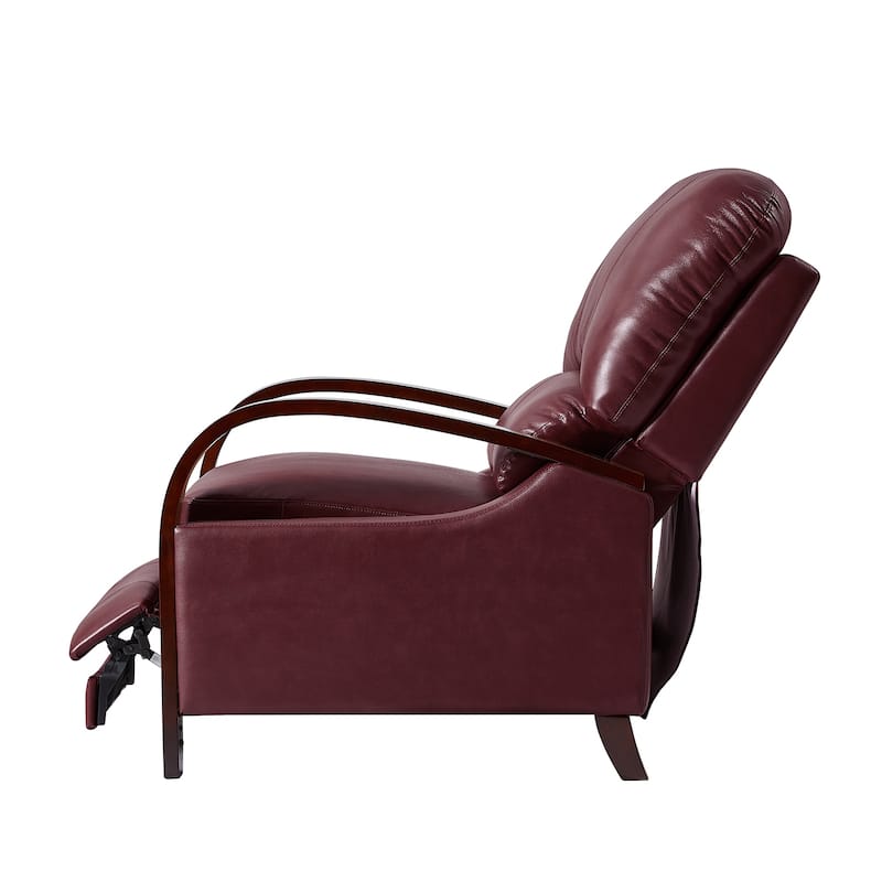 Alex Mid-century Modern Genuine Leather Manual Recliner with Wooden Curved Arms