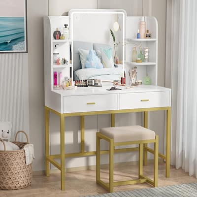 Makeup Vanity Dressing Table with LED Lights, Storage Shelves, Cushioned Stool & 2 Drawers