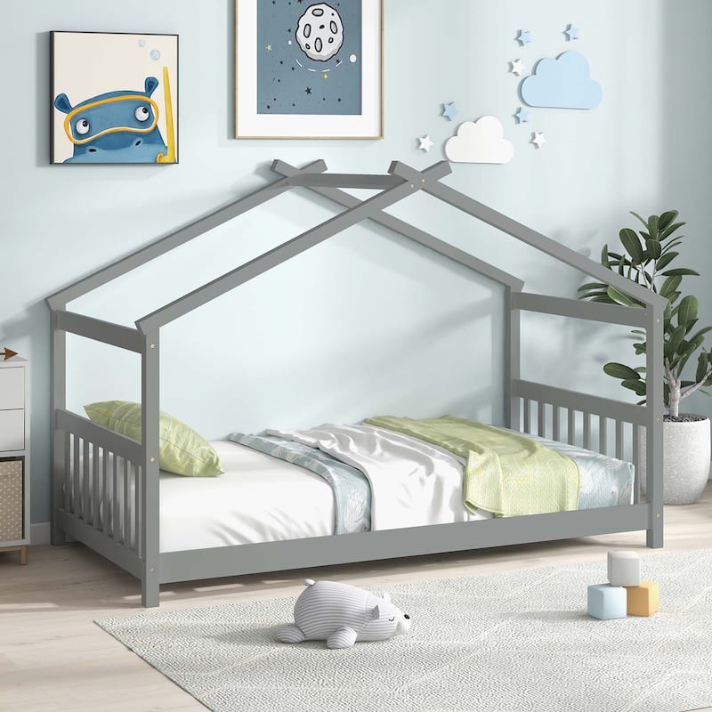 Costway Twin Size House Bed with Roof Wooden Low Floor Bed No Box - Grey