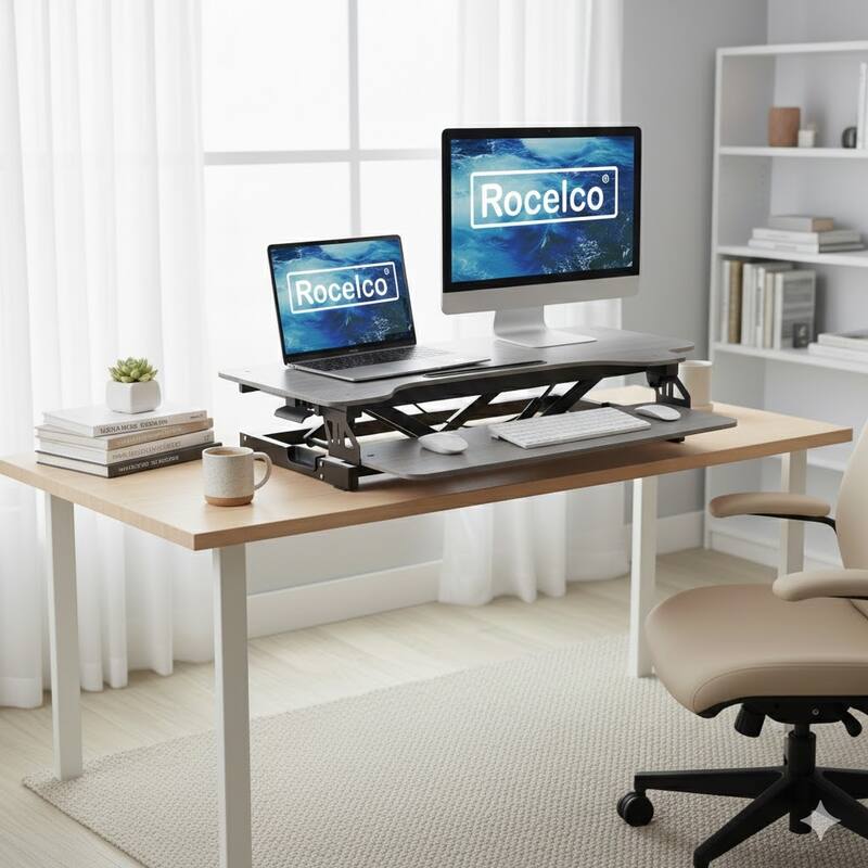 Rocelco 46 in. W Balck Electric Standing Desk Converter with AC Outlet, USB Charger and Dual Monitor Arm Mount System