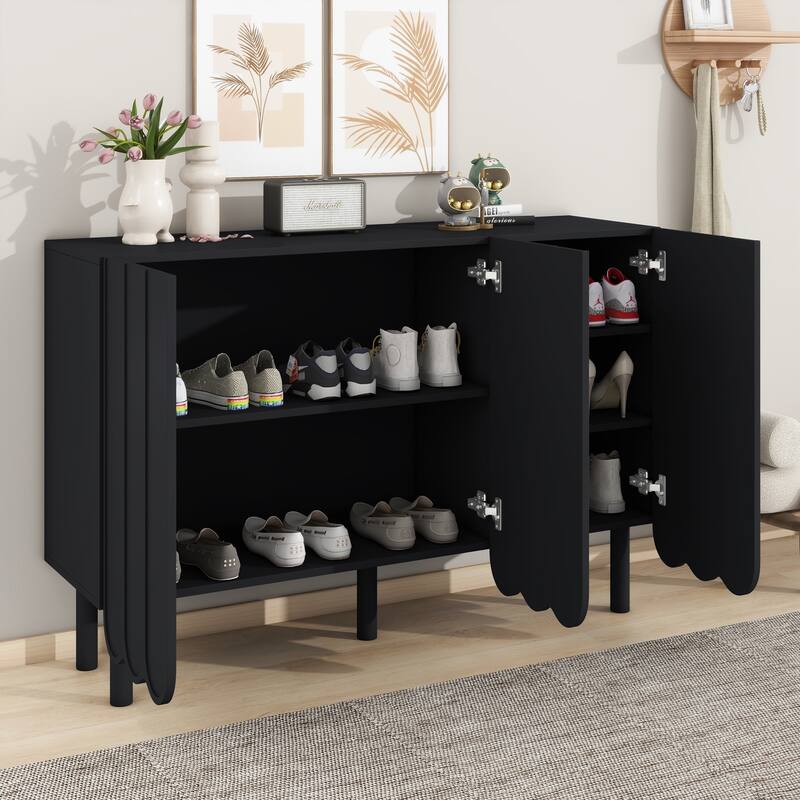 Shoe Cabinet with 5 Solid Wood Legs, Sideboard Buffet Cabinet with Adjustable Shelves, Large Storage Cabinet with Wave Doors