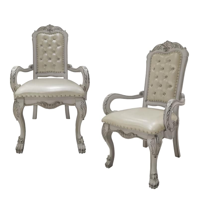 HomeRoots Set of Two Tufted White Upholstered Faux Leather And Wood Dining Arm Chairs - 26.00 in. x 46.00 in. x 29.00 in.