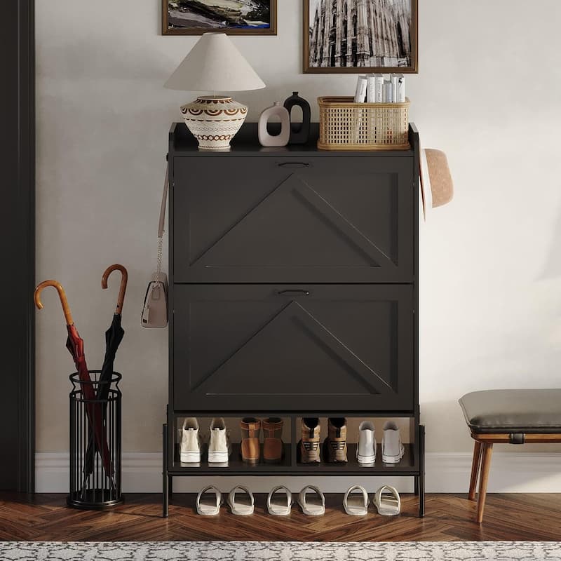 Shoe Cabinet with 2 Flip Drawers and Open Shelves