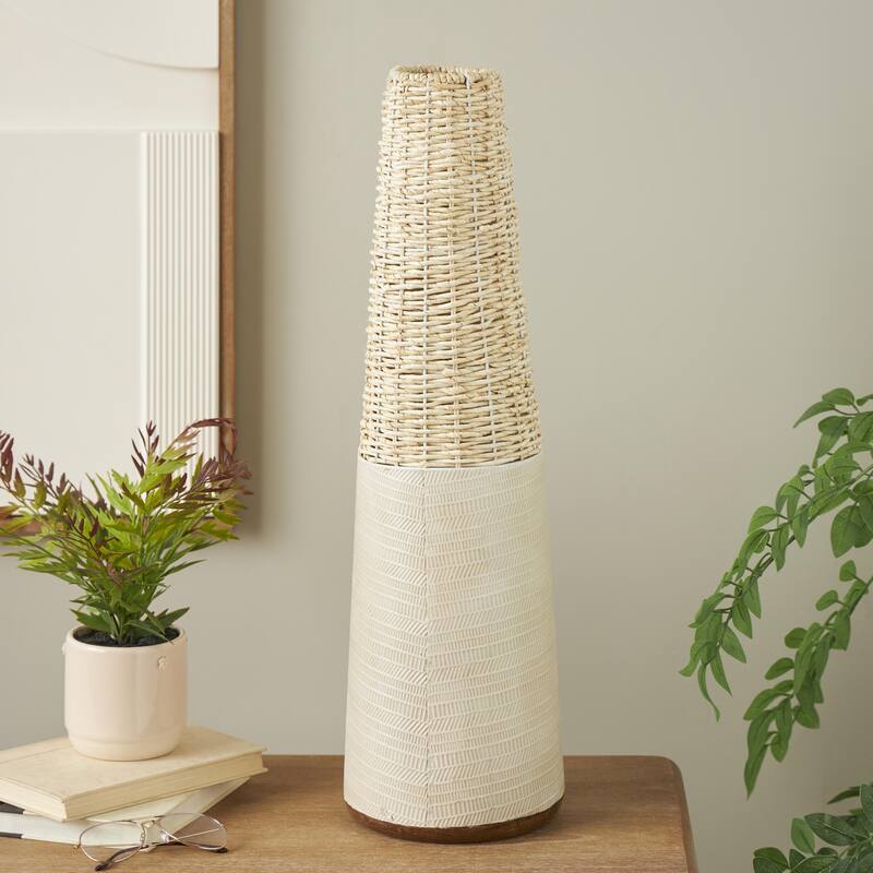 Rattan Geometric Handmade Woven Decorative Vase with Beige Metal Base and Linear Markings - Light Brown - Roche River Decor