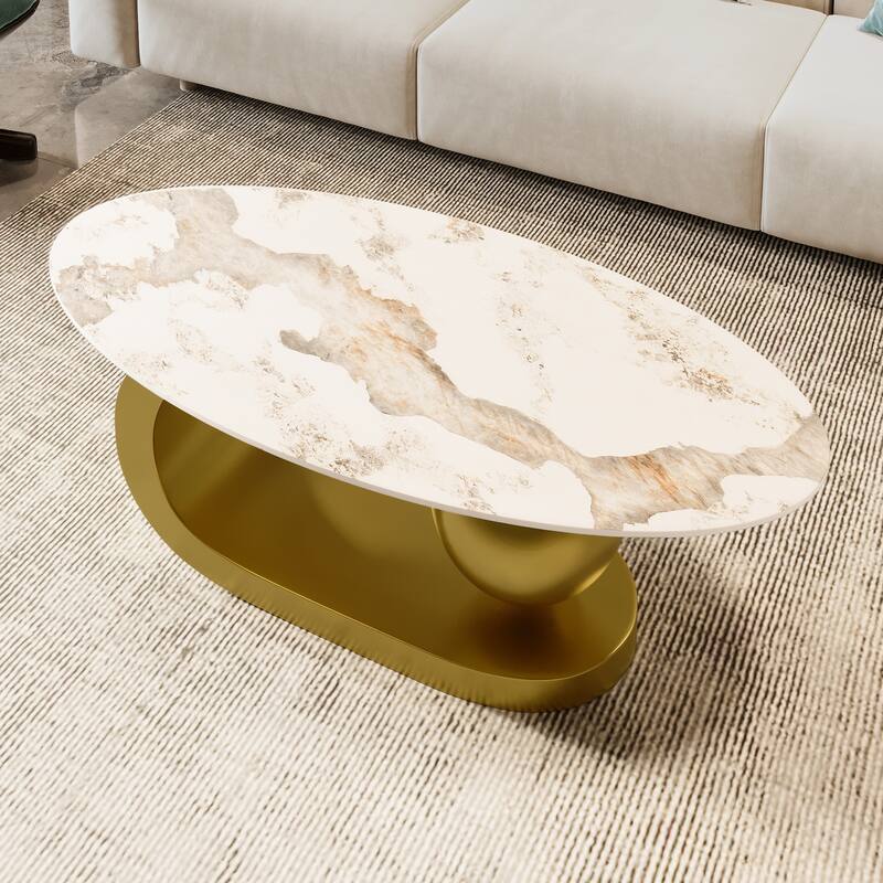 Roomfitters Modern Oval Coffee Table, Marble Pattern Sintered Stone Center Table, Luxury Living Room Accent Table Gold