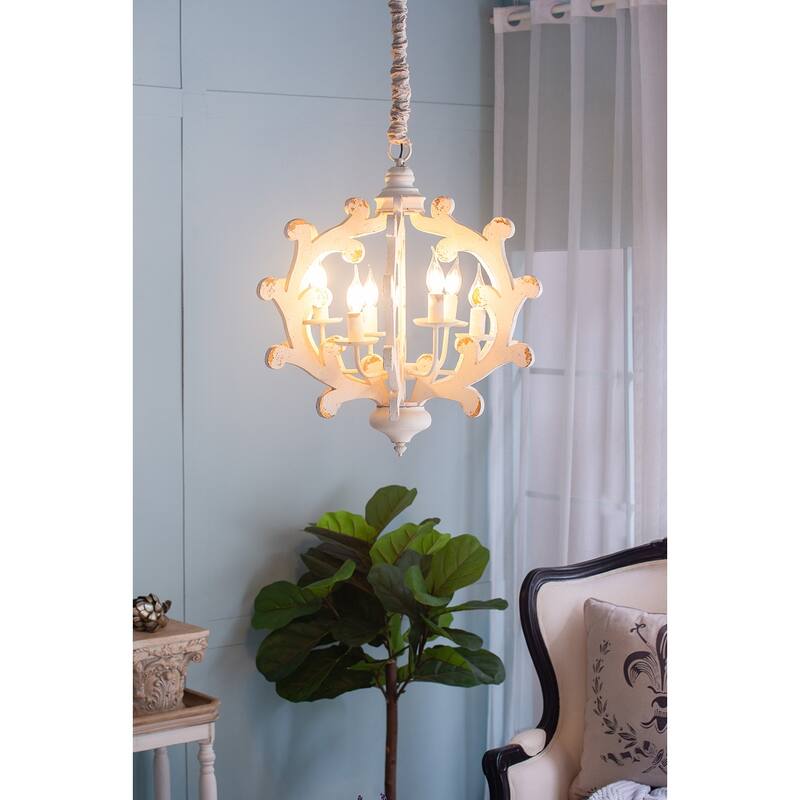 6 - Light Wood Chandelier, Hanging Light Fixture with Adjustable Chain for Kitchen Dining Room Foyer Entryway, Bulb Not Included