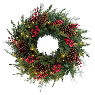 Puleo International 24" Pre-Lit Adorned Wreath Battery-Operated Warm White LED Lights