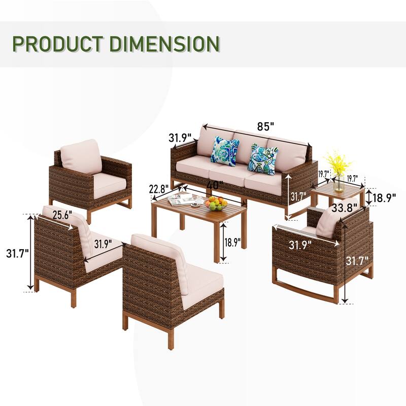 6/9-piece Patio Rattan Wicker Patio Furniture Set Swivel Rocking Chair Conversation Set