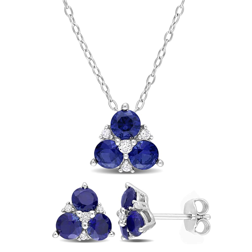 Miadora 3 1/3ct TGW Created Sapphire & Created White Sapphire 3-Stone Earrings & Necklace Set Sterling Silver