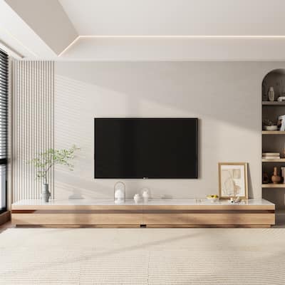 Modern Light Wood TV Stands, Glossy Stone Table-top, 3-6Drawers, Fully Assembled