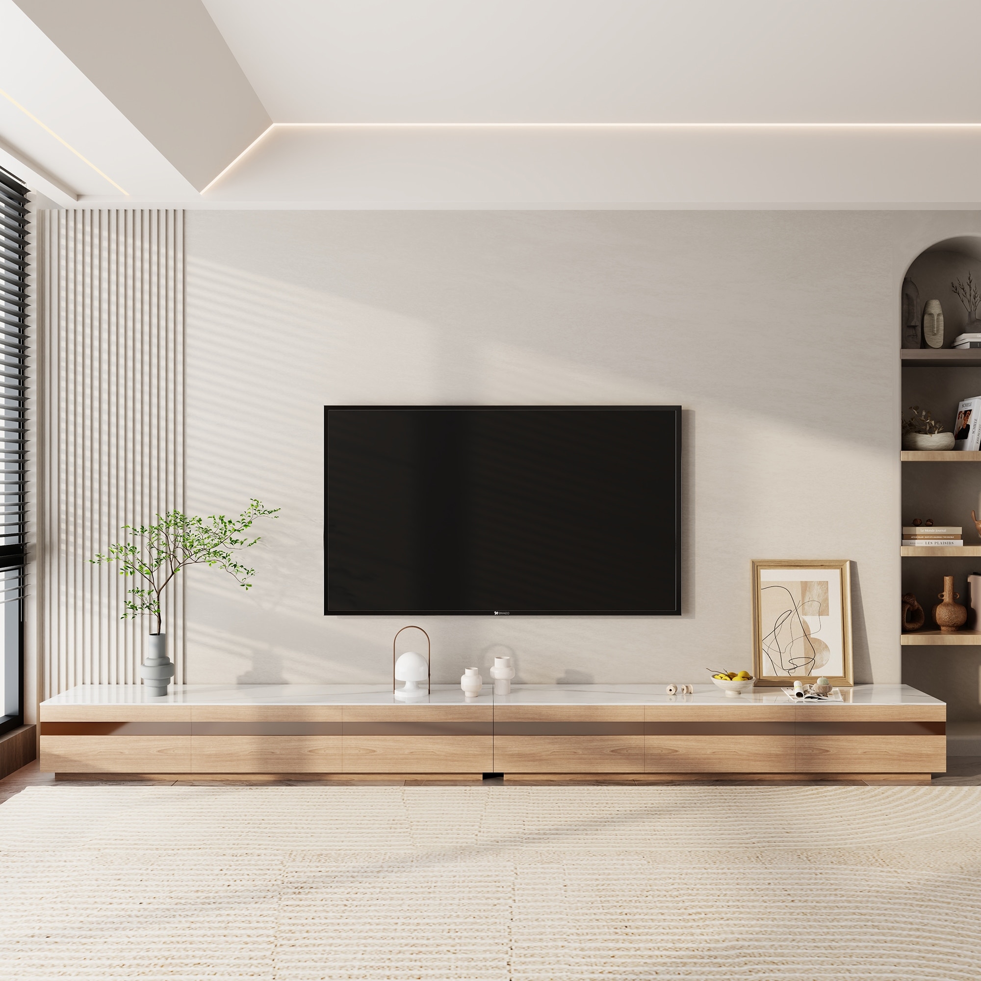 Modern Light Wood TV Stands Glossy Stone Table top 3 6Drawers Fully Assembled