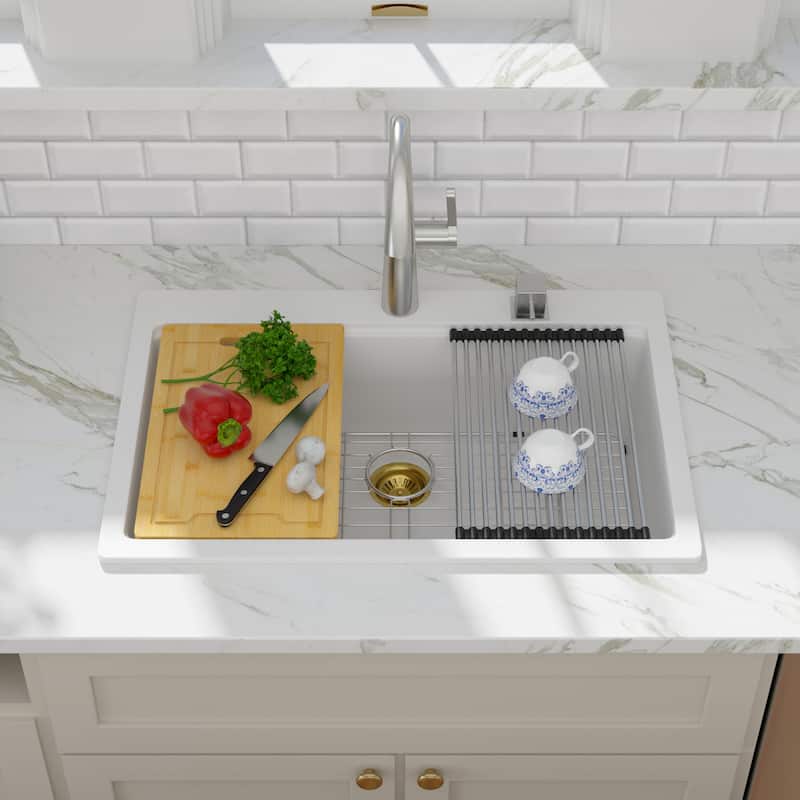 Kichae Granite Composite Drop-in Sink 33 inch White Workstation Sink - 33"x22"x10"