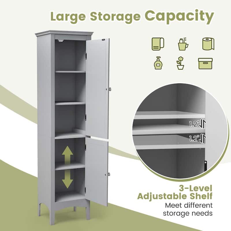 Costway Tall Bathroom Floor Cabinet Narrow Linen Tower with 2 Doors & - See Details