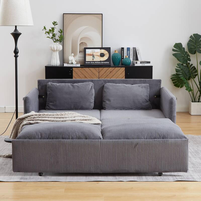 Corduroy Convertible Sleeper Sofa Bed, 3-in-1 Adjustable Sleeper Sofa Couch, Lounge Loveseat Sofa with 2 Pillows & Side Pockets