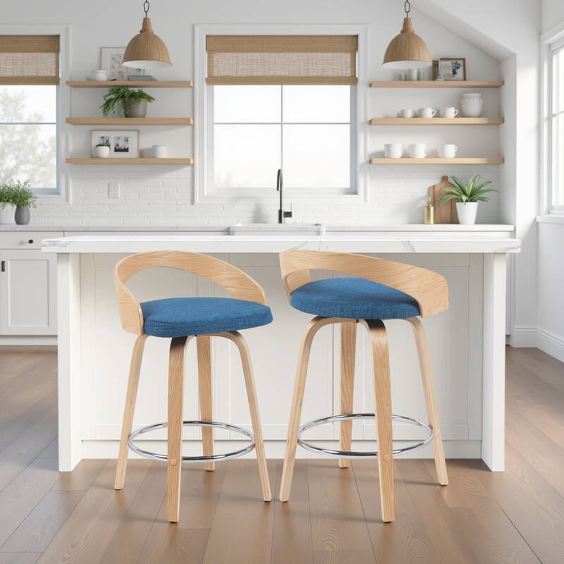 Carson Carrington Solavagen Mid-Century Modern Swivel Counter or Bar Stool - Blue Fabric & Oak - Counter Height - Set of 2