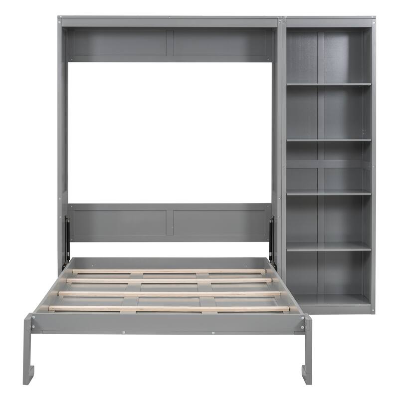 Space Saving Murphy Bed Wall Bed with 5 Layer Storage Shelves, Wood Foldable Platform Bed Frame, No Box Spring Needed