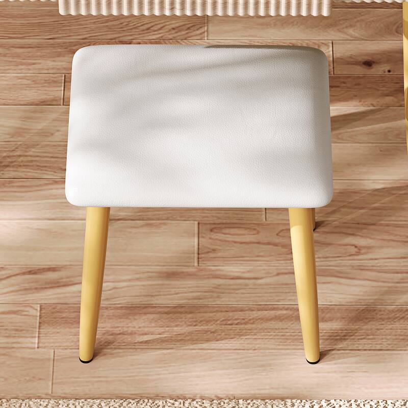 4-Drawer Vanity Desk with LED Mirror, Carved Fluted Details, Metal Legs & PU Stool