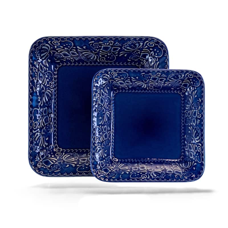 Blue Royalty 16 Piece Ornate Embossed Square Stoneware Dinnerware Set