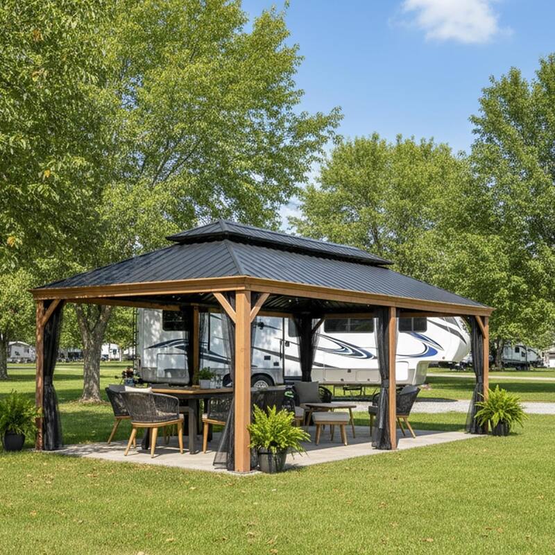 PURPLE LEAF Hardtop Gazebo Galvanized Steel Roof Gazebo Pergola w Wooden Coated Alumninum Frame and Mosquito Net
