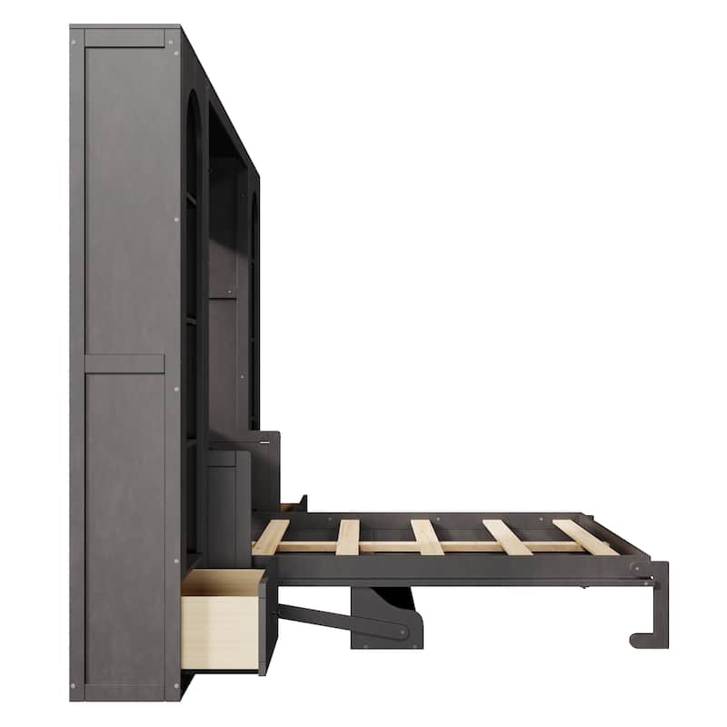 Queen Size Murphy Bed with 2 Arched Cabinets Shelf Built-in Light Strips