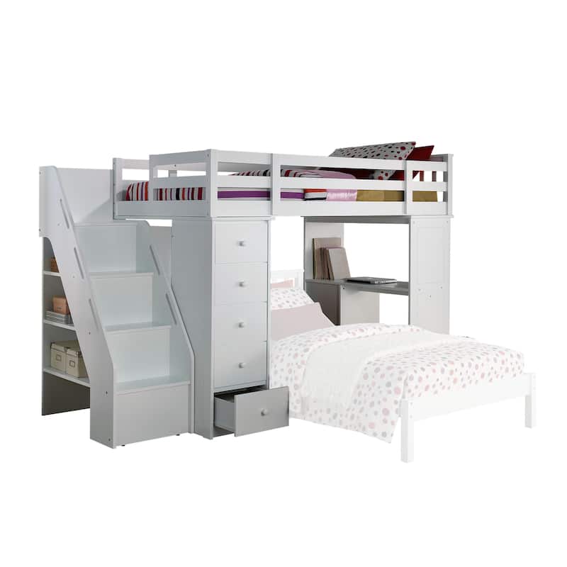 Twin size Wood Loft Bed with Storage Desk and 5-Drawer Cabinet - White