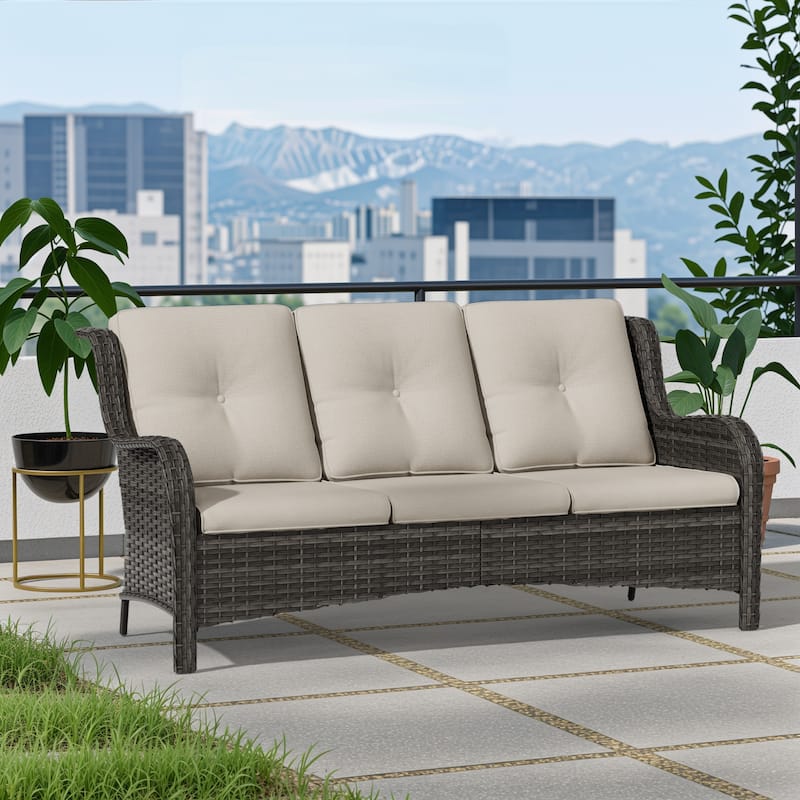 Cozywor 3-Seat Wicker Outdoor Patio Sofa Sectional Couch with Cushions - Beige