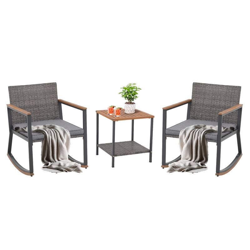 3 Piece Rocking Chair Patio Bistro Set Balcony Chairs Conversation Sets With Coffee Table & Cushions
