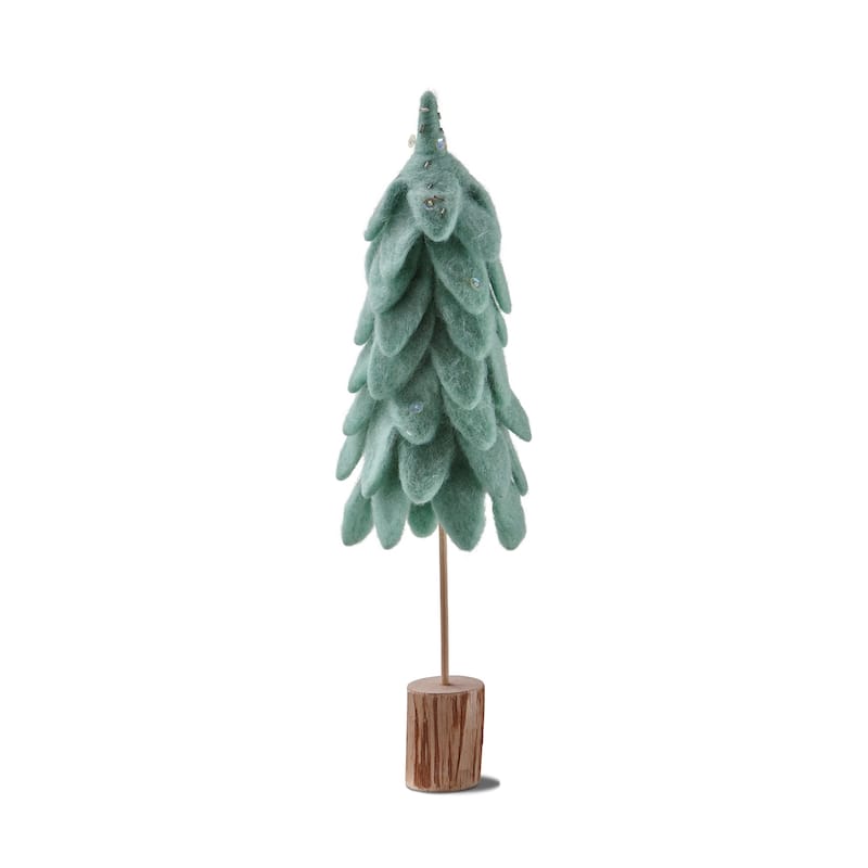 Wooly Felt Christmas Tree Sculpture with Log Base - Light Green Holiday Decor - 16.5" H x 3.5" L x 3.5" W