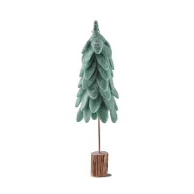 Wooly Felt Christmas Tree Sculpture with Log Base - Light Green Holiday Decor - 16.5" H x 3.5" L x 3.5" W