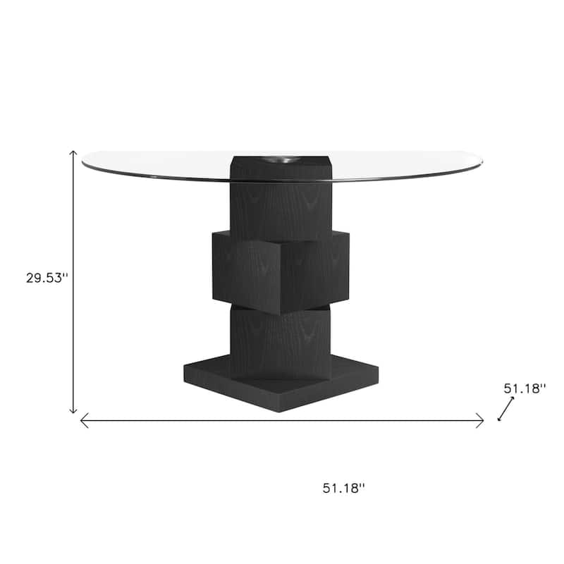 HomeRoots 51" Clear and Black Glass and Solid Wood Pedestal Base Round Top Dining Table - 51.18 in. x 29.53 in. x 51.18 in.