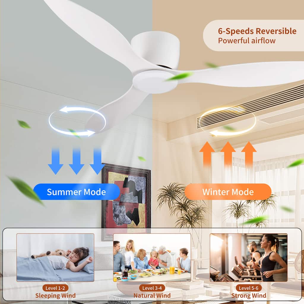 52" Flush Mount 6-Speeds Ceiling Fan Without Light, 3 White Reversible Fan Blades Ceiling Fan for Bedroom Living Room Kitchen
