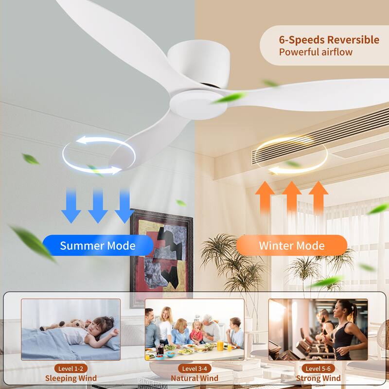 52" Flush Mount White Ceiling Fan No Light 3 Reversible Blades 6 Speeds Reversible DC Motor Low Profile Living Room