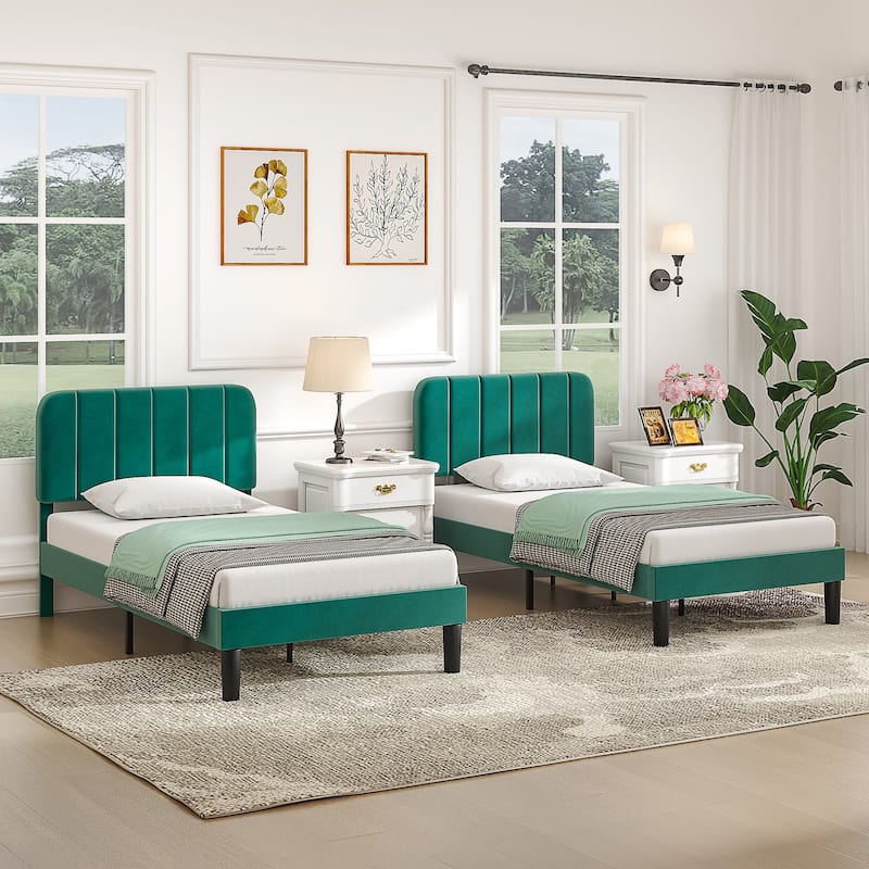 2 Pack Kids Bed Frame Height Adjustable Upholstered Headboard Bed Twin Size Bed Set of 2