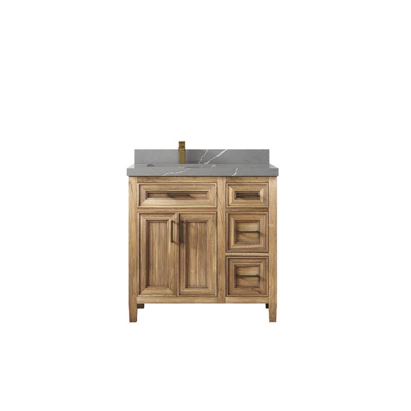 Willow Collections 36 in. W x 22 in. D Santa Monica Teak Left Offset Sink Bathroom Vanity with Countertop - 2" Piatra Gray - Whitewashed Teak