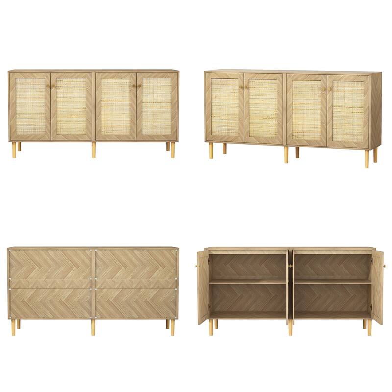 Anmytek Modern 63" W 4-Door Large Sideboard Buffet Rattan Kitchen Storage Cabinet with Adjustable Shelves