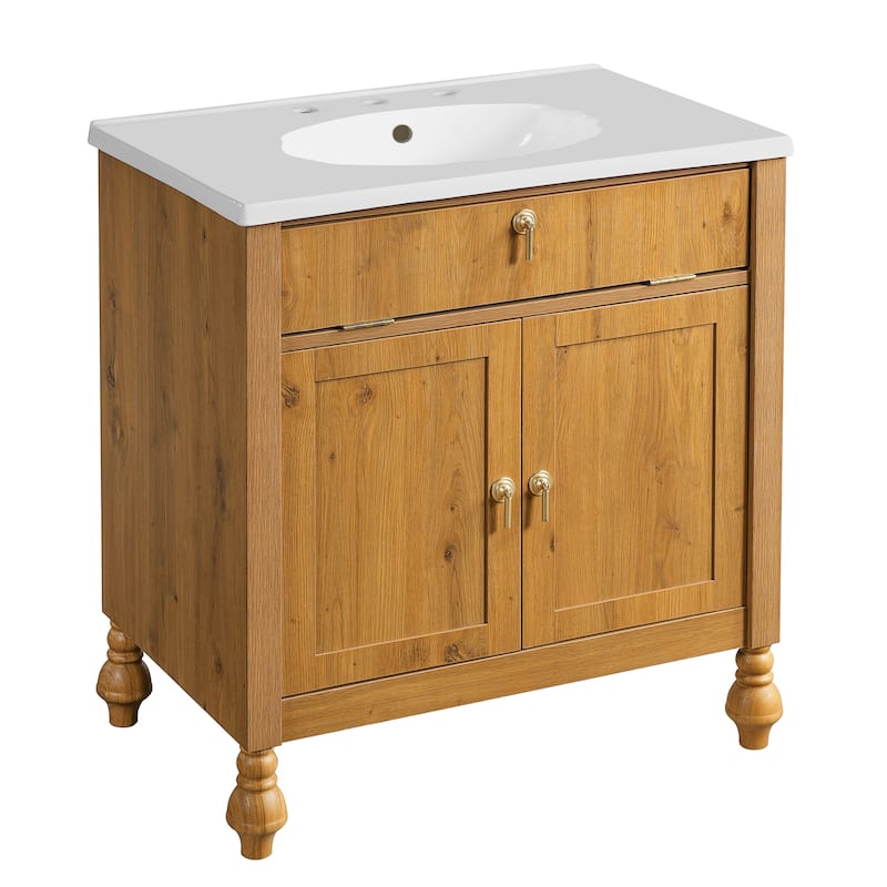 30" Flip-Up Storage Walnut Bathroom Vanity with Seashell Resin Sink