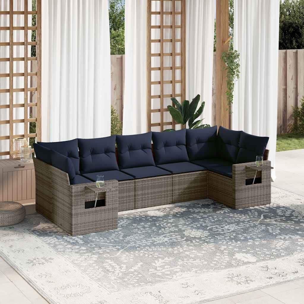 vidaXL 7 Piece Patio Sofa Set with Cushions Grey Poly Rattan - 24.4 x 24.4 x 27.2
