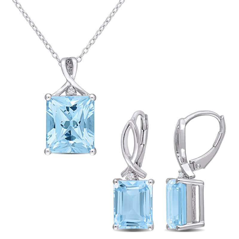 Miadora 15 3/4ct TGW Sky Blue Topaz & White Topaz Necklace & Leverback Earrings Set Sterling Silver