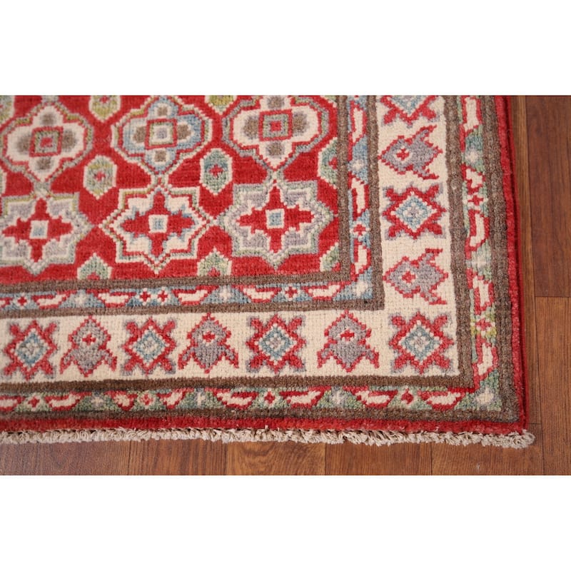 Geometric Kazak Foyer Rug Handmade Oriental Red Wool Carpet - 2'0" x 3'0"