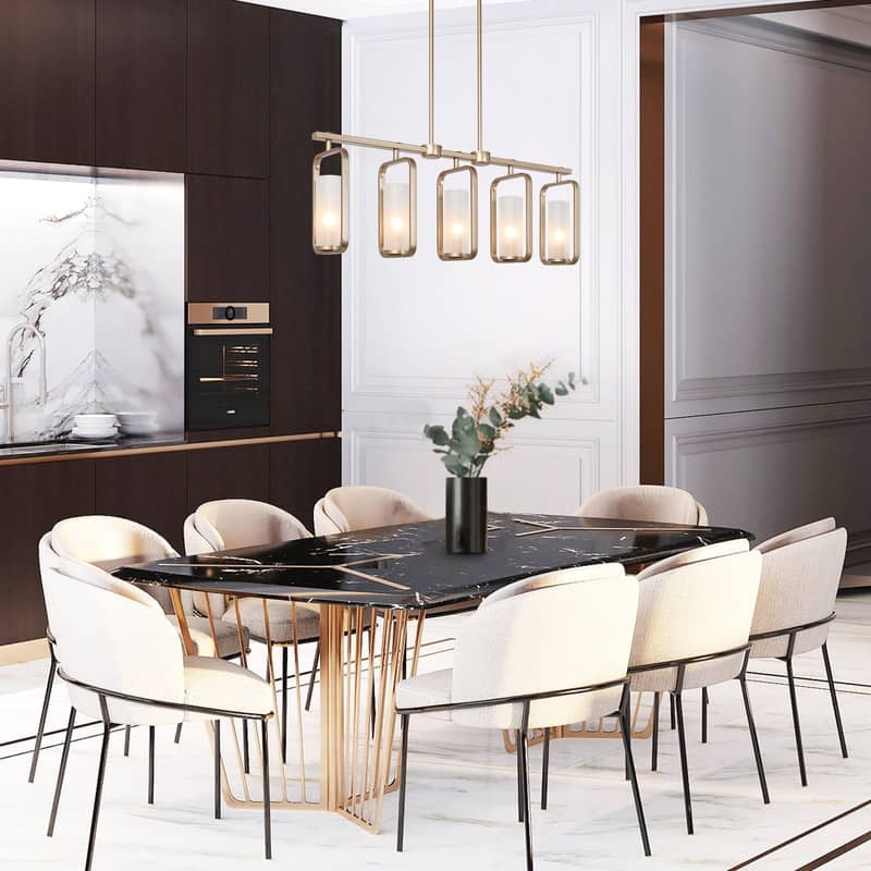 Siya Modern 5-Light Gold Linear Metal Chandelier with Frosted Glass for Kitchen Island Dimmable Pendant Lights
