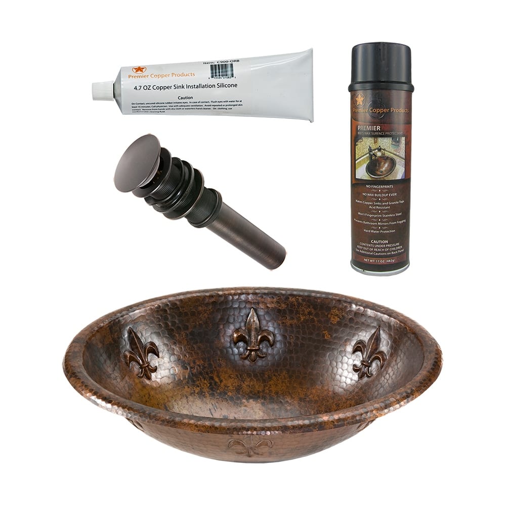 19" Oval Fleur De Lis Self Rimming Hammered Copper Sink, Matching Drain and Accessories