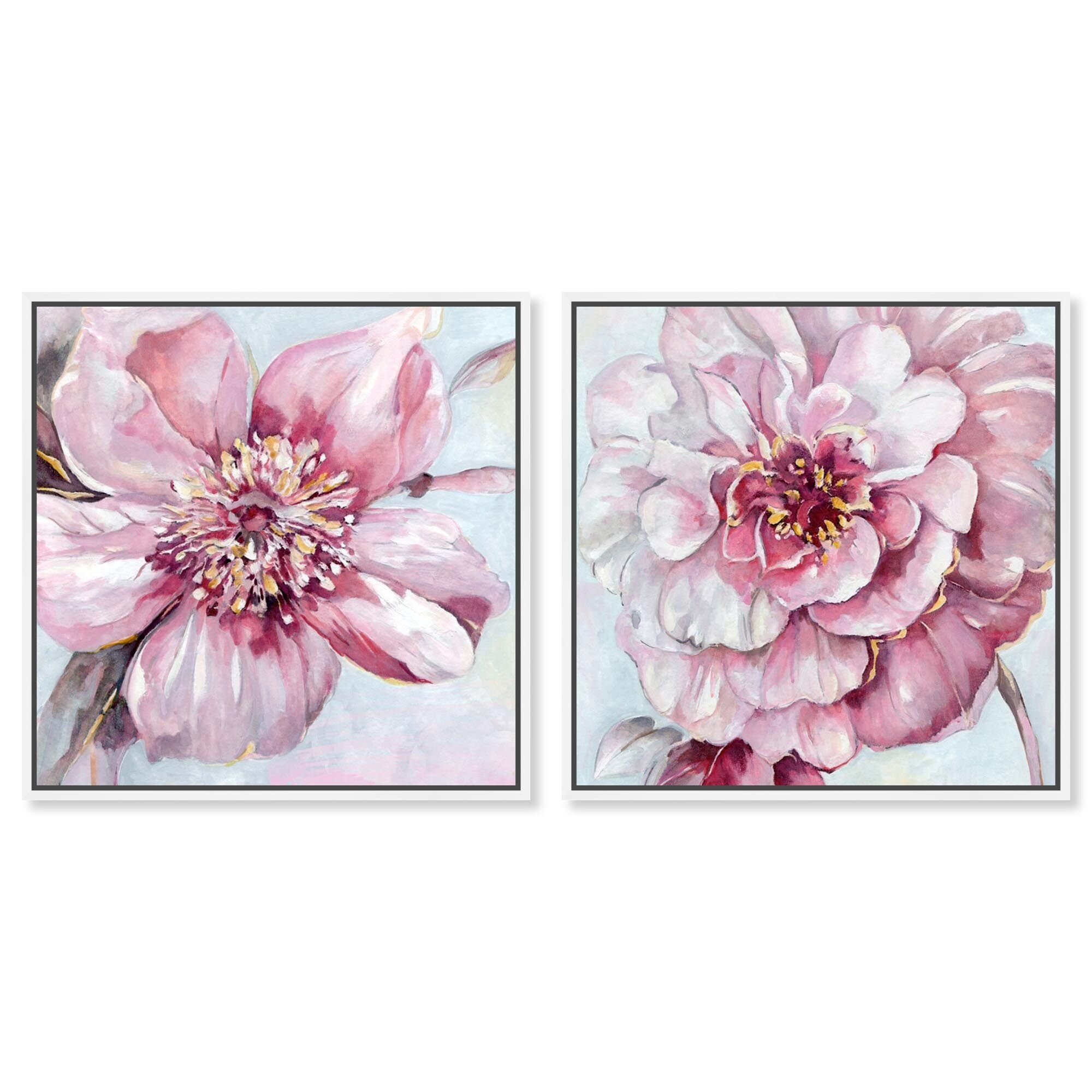 Blush Pink Floral Art 2 Panel Set Framed Canvas Print by Art Remedy