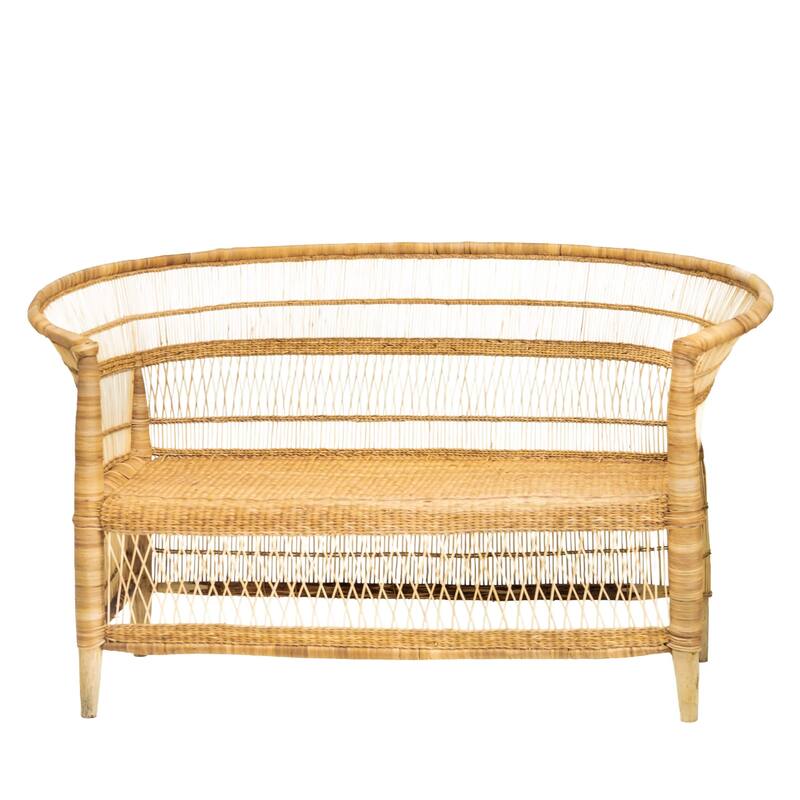 100% Solid Wood Frame Handwoven Natural Rattan Indoor Loveseat, Boho Farmhouse Accent Seating