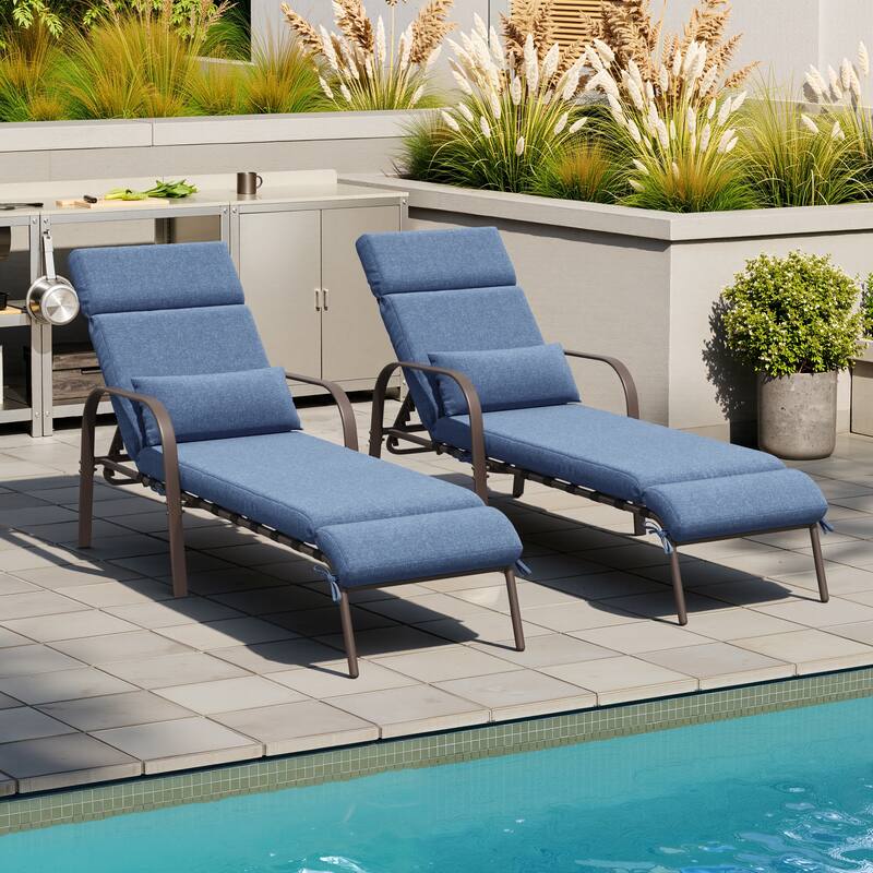 Outdoor Recliner Adjustable Chaise Lounge Chair with Cushion & Pillow - Dark Blue - 2PC - New upgrade