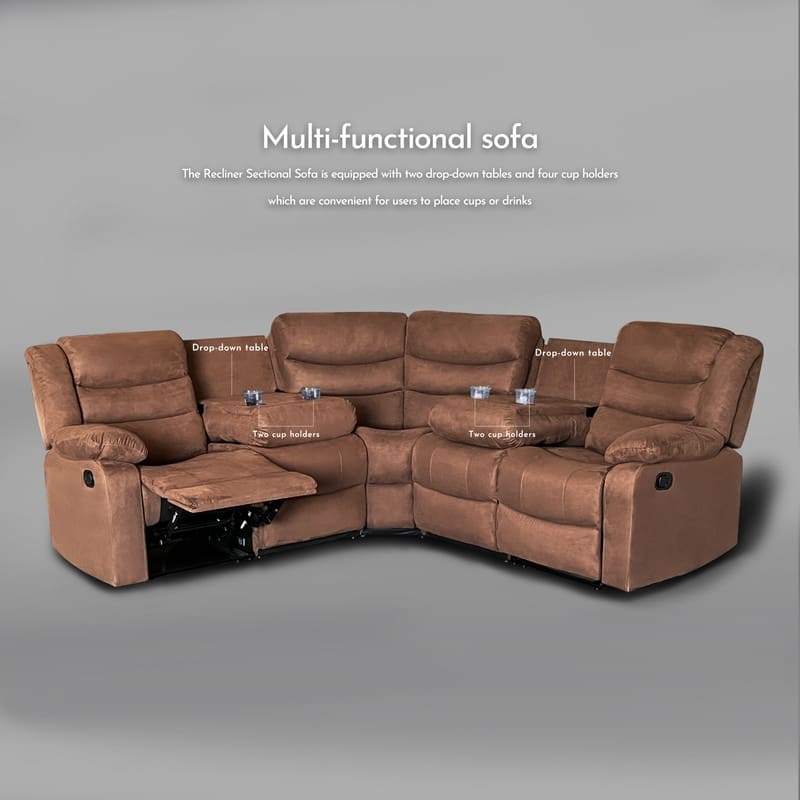 82" Width Polyester/Suede 5-Piece Manual Reclining Sectional Sofa - Reclining-Brown